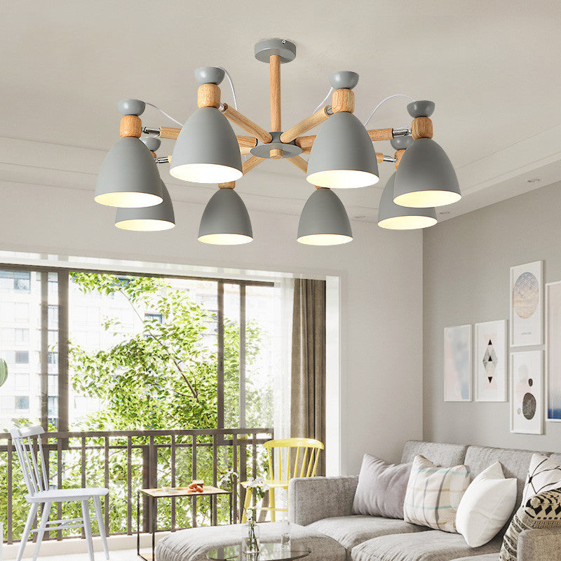 Metal Flared Semi-Flush Mount Contemporary Ceiling Light with Wood Arm for Living Room 8 Grey Clearhalo 'Ceiling Lights' 'Close To Ceiling Lights' 'Close to ceiling' 'Semi-flushmount' Lighting' 2011060