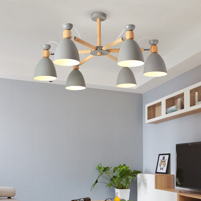 Metal Flared Semi-Flush Mount Contemporary Ceiling Light with Wood Arm for Living Room 6 Grey Clearhalo 'Ceiling Lights' 'Close To Ceiling Lights' 'Close to ceiling' 'Semi-flushmount' Lighting' 2011062