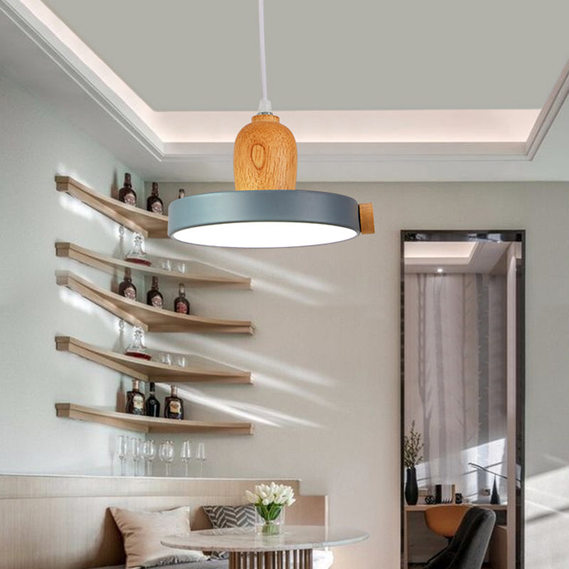 Metal Circular Suspension Lamp Modernist 1 Light Drop Pendant with Wood Top for Living Room Grey Clearhalo 'Ceiling Lights' 'Modern Pendants' 'Modern' 'Pendant Lights' 'Pendants' Lighting' 2011079