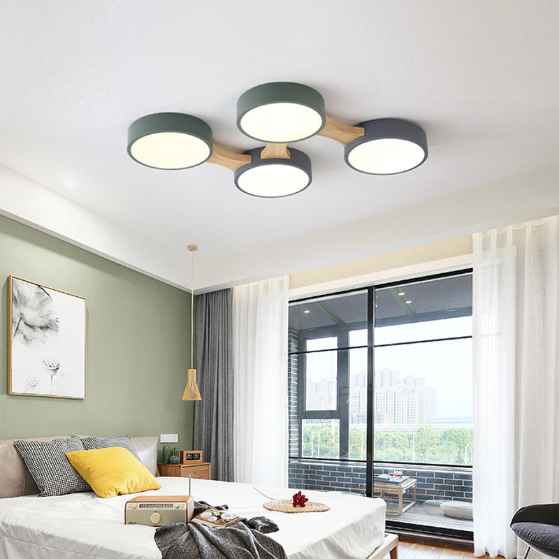 Drum Flush Ceiling Light Minimal Acrylic LED Flush Mount Fixture with Wood Arm 4 Wood Clearhalo 'Ceiling Lights' 'Close To Ceiling Lights' 'Close to ceiling' 'Flush mount' Lighting' 2011099