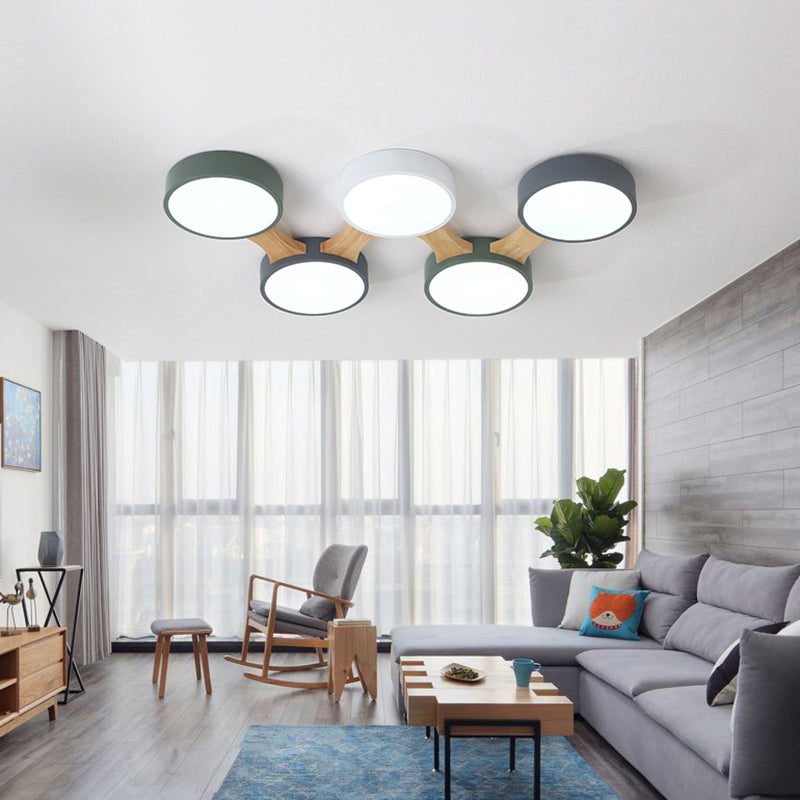 Drum Flush Ceiling Light Minimal Acrylic LED Flush Mount Fixture with Wood Arm 5 Wood Clearhalo 'Ceiling Lights' 'Close To Ceiling Lights' 'Close to ceiling' 'Flush mount' Lighting' 2011103