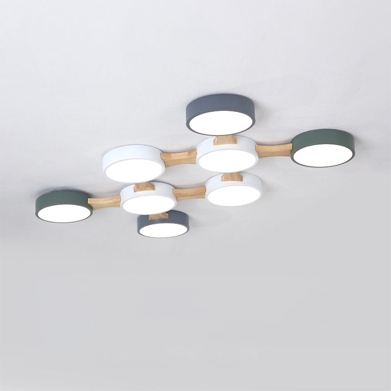 Drum Flush Ceiling Light Minimal Acrylic LED Flush Mount Fixture with Wood Arm 8 Wood Clearhalo 'Ceiling Lights' 'Close To Ceiling Lights' 'Close to ceiling' 'Flush mount' Lighting' 2011107