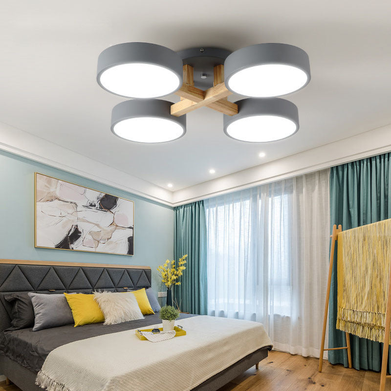 Round Living Room Semi Mount Lighting Acrylic Minimalist Ceiling Light Fixture with Wood Arm 4 Grey Clearhalo 'Ceiling Lights' 'Close To Ceiling Lights' 'Close to ceiling' 'Semi-flushmount' Lighting' 2011113