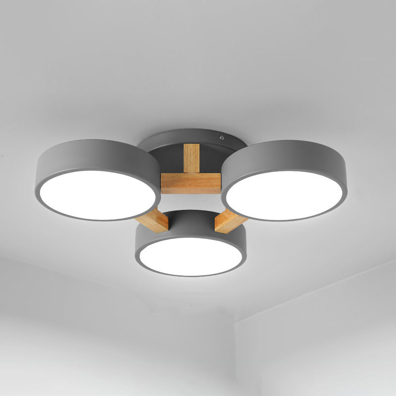 Round Living Room Semi Mount Lighting Acrylic Minimalist Ceiling Light Fixture with Wood Arm 3 Grey Clearhalo 'Ceiling Lights' 'Close To Ceiling Lights' 'Close to ceiling' 'Semi-flushmount' Lighting' 2011118