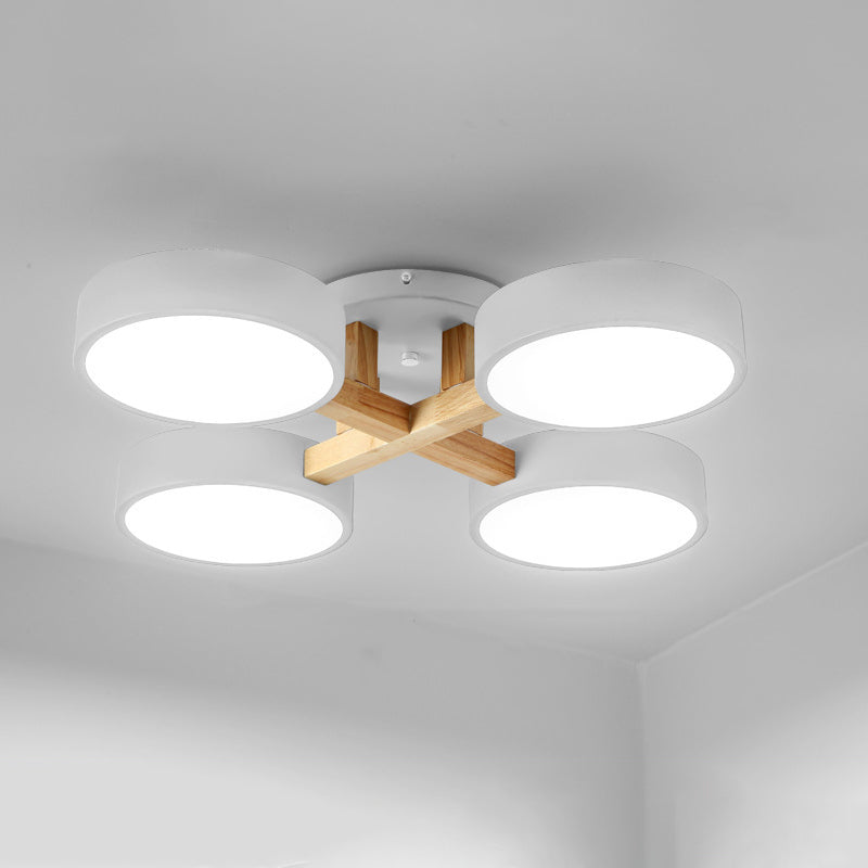 Round Living Room Semi Mount Lighting Acrylic Minimalist Ceiling Light Fixture with Wood Arm 4 White Clearhalo 'Ceiling Lights' 'Close To Ceiling Lights' 'Close to ceiling' 'Semi-flushmount' Lighting' 2011120