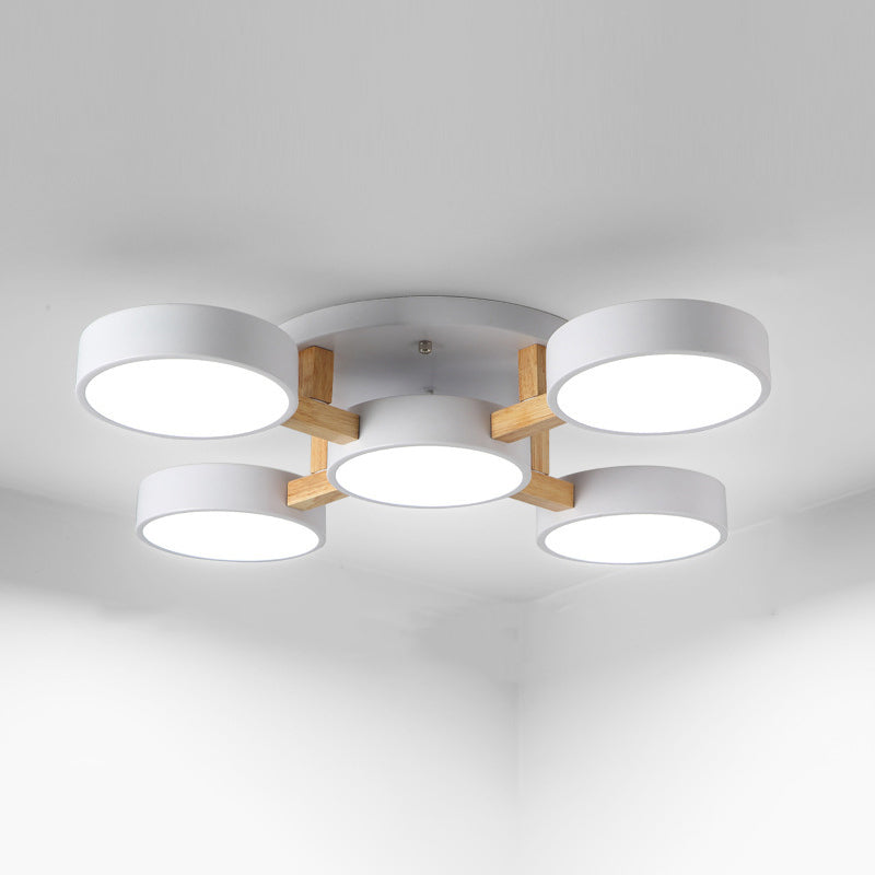 Round Living Room Semi Mount Lighting Acrylic Minimalist Ceiling Light Fixture with Wood Arm 5 White Clearhalo 'Ceiling Lights' 'Close To Ceiling Lights' 'Close to ceiling' 'Semi-flushmount' Lighting' 2011122