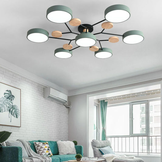 Sputnik Metal Semi-Flush Mount Simple 7 Heads Ceiling Fixture with Drum Acrylic Shade 7 Green Clearhalo 'Ceiling Lights' 'Close To Ceiling Lights' 'Close to ceiling' 'Semi-flushmount' Lighting' 2011127
