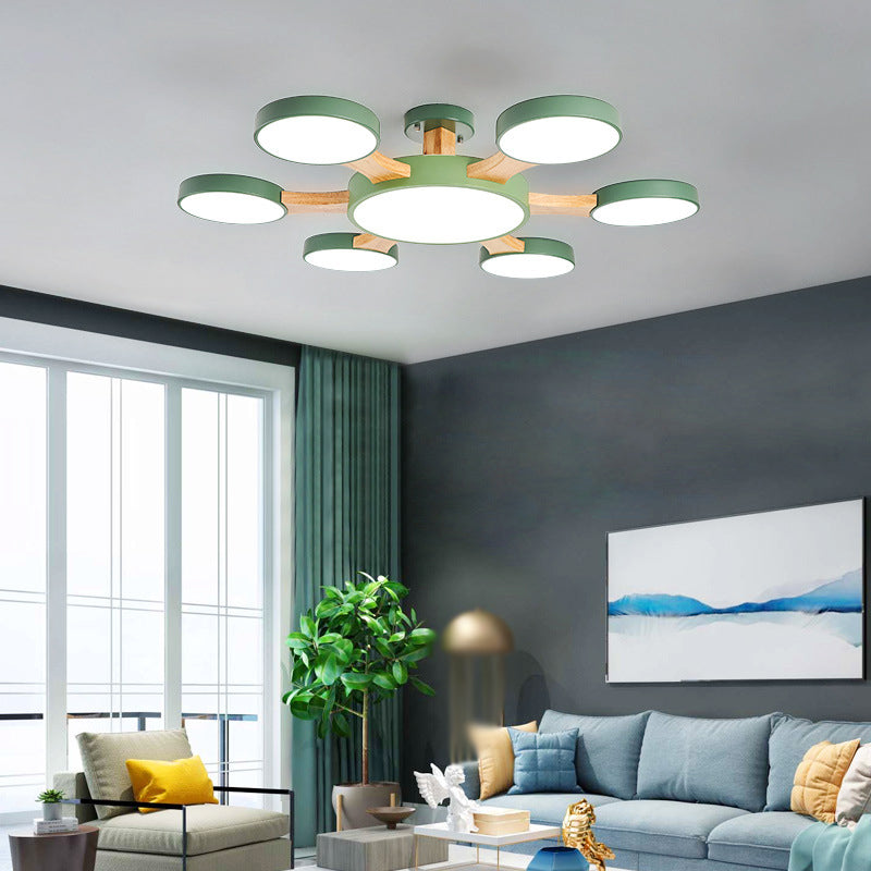 Wood Radial Ceiling Light Contemporary 7 Bulbs Semi Flush Mount Lighting with Round Acrylic Shade 7 Green Clearhalo 'Ceiling Lights' 'Close To Ceiling Lights' 'Close to ceiling' 'Semi-flushmount' Lighting' 2011129