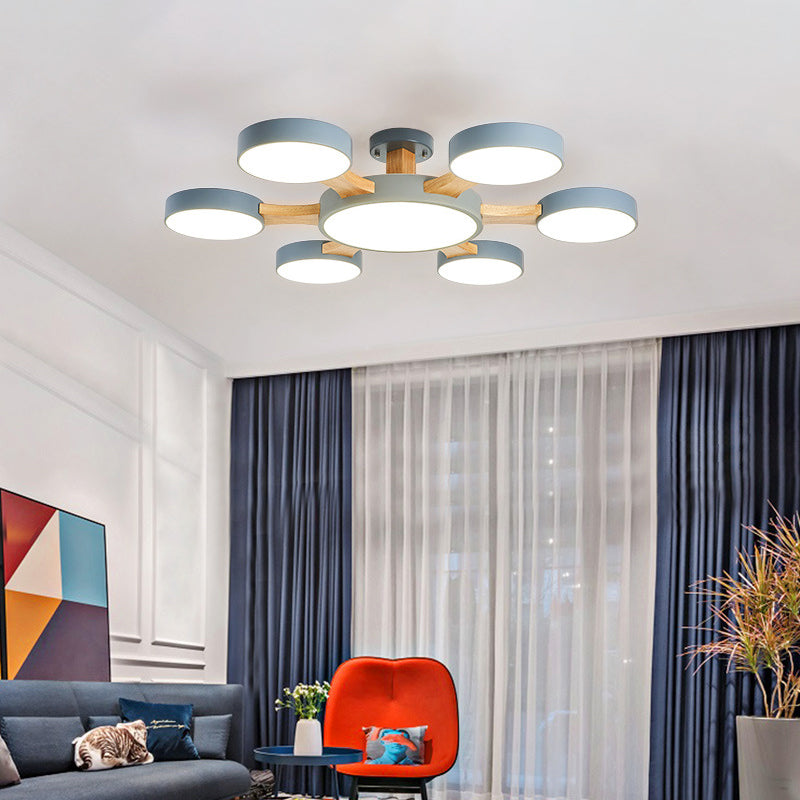 Wood Radial Ceiling Light Contemporary 7 Bulbs Semi Flush Mount Lighting with Round Acrylic Shade 7 Grey Clearhalo 'Ceiling Lights' 'Close To Ceiling Lights' 'Close to ceiling' 'Semi-flushmount' Lighting' 2011130