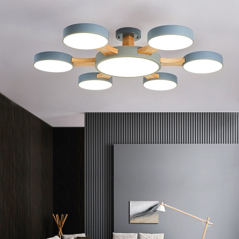 Wood Radial Ceiling Light Contemporary 7 Bulbs Semi Flush Mount Lighting with Round Acrylic Shade Clearhalo 'Ceiling Lights' 'Close To Ceiling Lights' 'Close to ceiling' 'Semi-flushmount' Lighting' 2011131