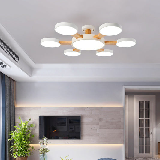 Wood Radial Ceiling Light Contemporary 7 Bulbs Semi Flush Mount Lighting with Round Acrylic Shade 7 White Clearhalo 'Ceiling Lights' 'Close To Ceiling Lights' 'Close to ceiling' 'Semi-flushmount' Lighting' 2011133