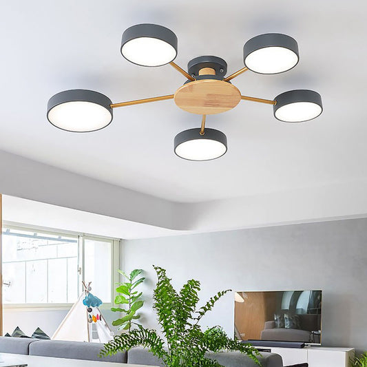 Wood Round Semi Flush Ceiling Light Modernism 5 Heads Acrylic Semi Mount Lighting for Living Room 5 Grey Clearhalo 'Ceiling Lights' 'Close To Ceiling Lights' 'Close to ceiling' 'Semi-flushmount' Lighting' 2011139