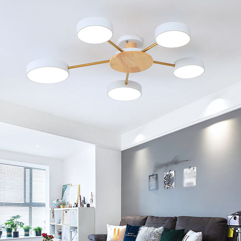 Wood Round Semi Flush Ceiling Light Modernism 5 Heads Acrylic Semi Mount Lighting for Living Room 5 White Clearhalo 'Ceiling Lights' 'Close To Ceiling Lights' 'Close to ceiling' 'Semi-flushmount' Lighting' 2011140