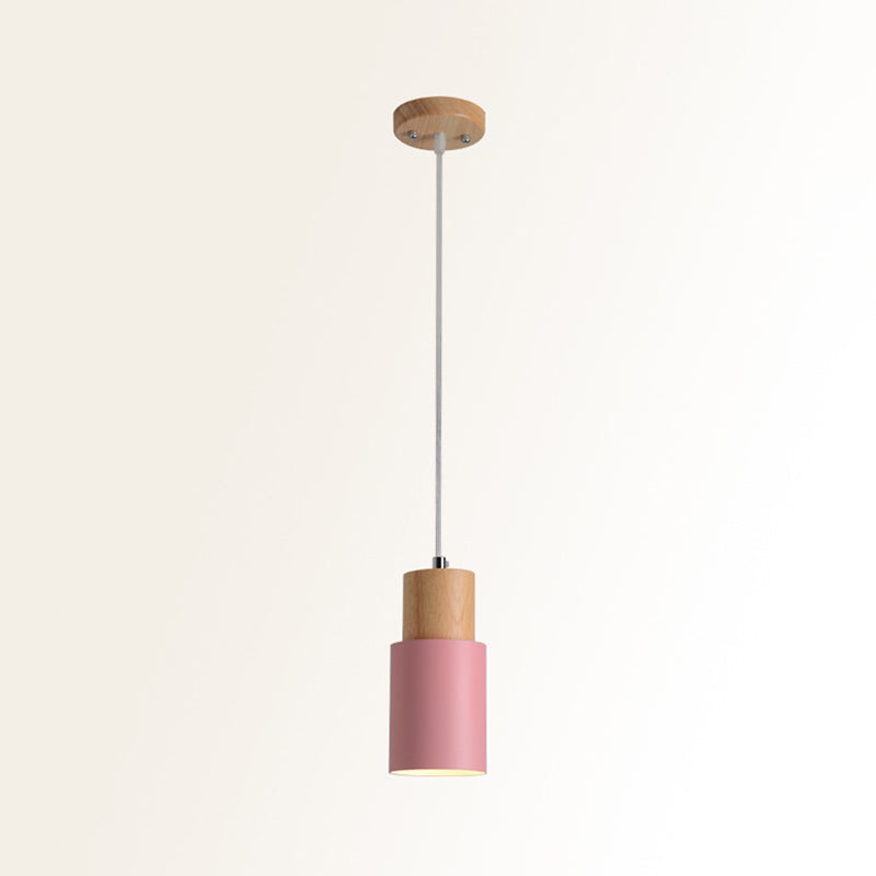 Tubular Ceiling Pendant Minimalist Metal 1-Light Suspension Lighting Fixture with Wood Top Pink Clearhalo 'Ceiling Lights' 'Modern Pendants' 'Modern' 'Pendant Lights' 'Pendants' Lighting' 2011186