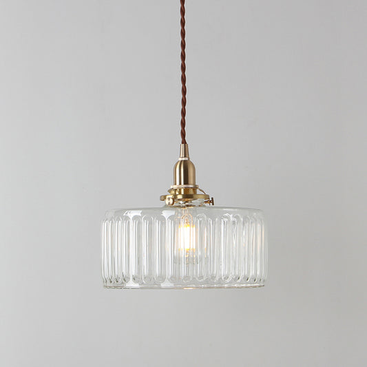 Clear Ribbed Glass Brass Pendulum Light Round 1 Head Warehouse Suspension Lamp Clearhalo 'Ceiling Lights' 'Glass shade' 'Glass' 'Industrial Pendants' 'Industrial' 'Middle Century Pendants' 'Pendant Lights' 'Pendants' 'Tiffany' Lighting' 2011332