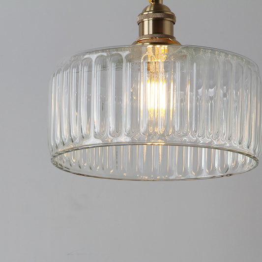 Clear Ribbed Glass Brass Pendulum Light Round 1 Head Warehouse Suspension Lamp Clearhalo 'Ceiling Lights' 'Glass shade' 'Glass' 'Industrial Pendants' 'Industrial' 'Middle Century Pendants' 'Pendant Lights' 'Pendants' 'Tiffany' Lighting' 2011334
