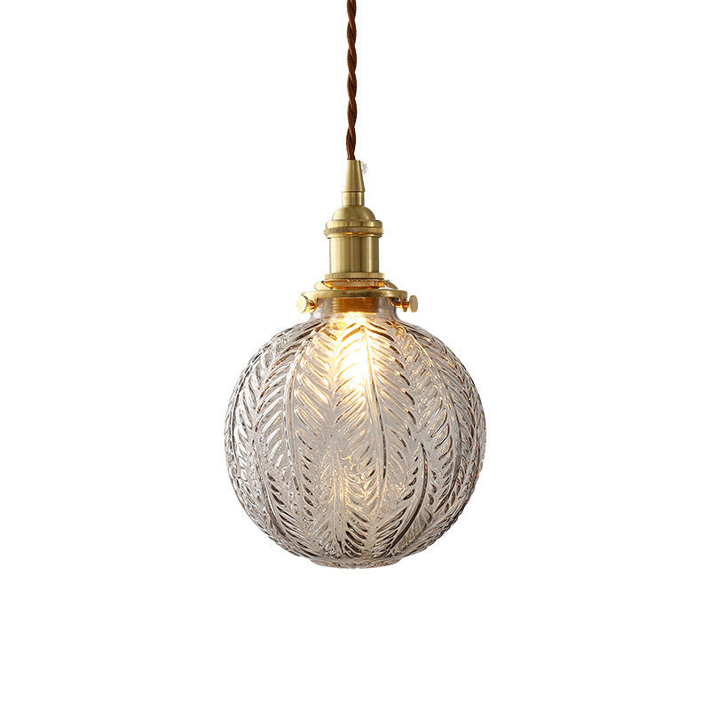 1 Head Spherical Pendant Light Kit Warehouse Brass Finish Clear Textured Glass Hanging Lamp Kit Clearhalo 'Ceiling Lights' 'Glass shade' 'Glass' 'Industrial Pendants' 'Industrial' 'Middle Century Pendants' 'Pendant Lights' 'Pendants' 'Tiffany' Lighting' 2011345