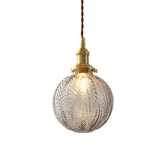 1 Head Spherical Pendant Light Kit Warehouse Brass Finish Clear Textured Glass Hanging Lamp Kit Clearhalo 'Ceiling Lights' 'Glass shade' 'Glass' 'Industrial Pendants' 'Industrial' 'Middle Century Pendants' 'Pendant Lights' 'Pendants' 'Tiffany' Lighting' 2011345