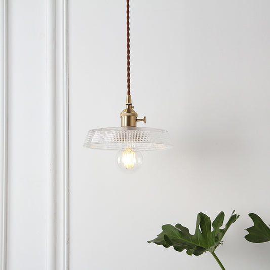 1-Bulb Hanging Lamp Farm Dining Room Pendant Lighting Fixture with Geometry Clear Lattice Glass Shade in Brass Brass C Clearhalo 'Ceiling Lights' 'Glass shade' 'Glass' 'Industrial Pendants' 'Industrial' 'Middle Century Pendants' 'Pendant Lights' 'Pendants' 'Tiffany' Lighting' 2011368