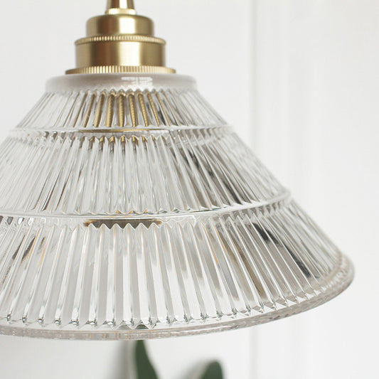 1-Light Clear Ribbed Glass Drop Lamp Industrial Brass Cone Shade Dining Room Ceiling Light Clearhalo 'Ceiling Lights' 'Glass shade' 'Glass' 'Industrial Pendants' 'Industrial' 'Middle Century Pendants' 'Pendant Lights' 'Pendants' 'Tiffany' Lighting' 2011381