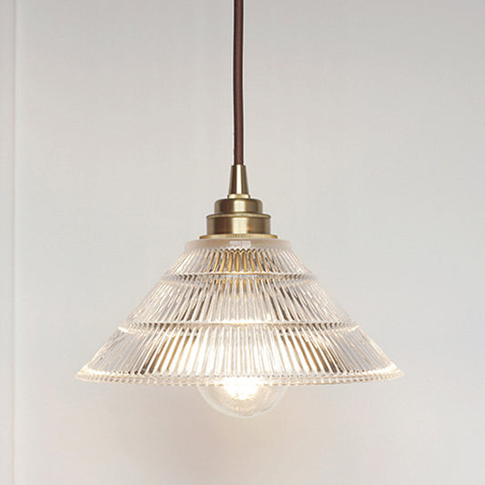 1-Light Clear Ribbed Glass Drop Lamp Industrial Brass Cone Shade Dining Room Ceiling Light Brass Clearhalo 'Ceiling Lights' 'Glass shade' 'Glass' 'Industrial Pendants' 'Industrial' 'Middle Century Pendants' 'Pendant Lights' 'Pendants' 'Tiffany' Lighting' 2011382