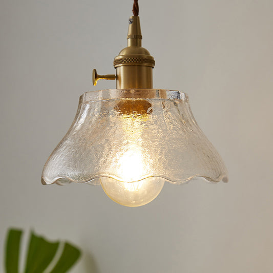 Brass 1-Light Suspension Lamp Farmhouse Water Glass Scalloped Hanging Light Kit Brass Clearhalo 'Ceiling Lights' 'Glass shade' 'Glass' 'Industrial Pendants' 'Industrial' 'Middle Century Pendants' 'Pendant Lights' 'Pendants' 'Tiffany' Lighting' 2011384