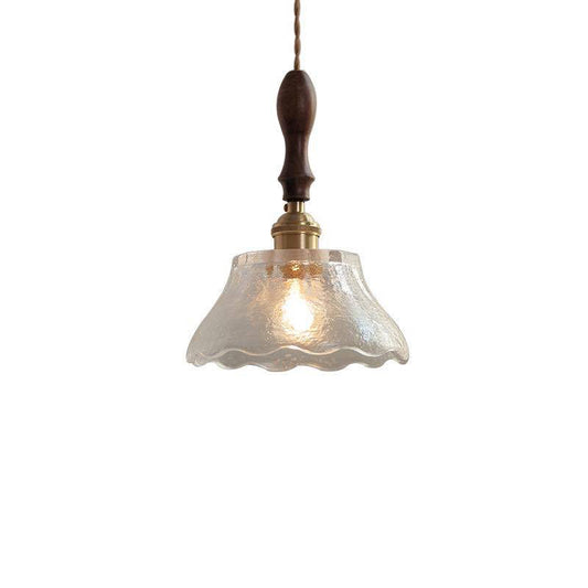 Brass 1-Light Suspension Lamp Farmhouse Water Glass Scalloped Hanging Light Kit Wood Clearhalo 'Ceiling Lights' 'Glass shade' 'Glass' 'Industrial Pendants' 'Industrial' 'Middle Century Pendants' 'Pendant Lights' 'Pendants' 'Tiffany' Lighting' 2011388
