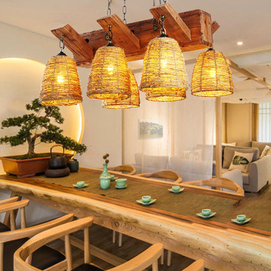 Rattan Wood Pendant Chandelier Bell Shade Industrial Hanging Light Fixture for Dining Room 6 Wood Clearhalo 'Carpenter Chandeliers' 'Ceiling Lights' 'Chandeliers' 'Industrial Chandeliers' 'Industrial' 'Middle Century Chandeliers' 'Modern' 'Tiffany' Lighting' 2011394