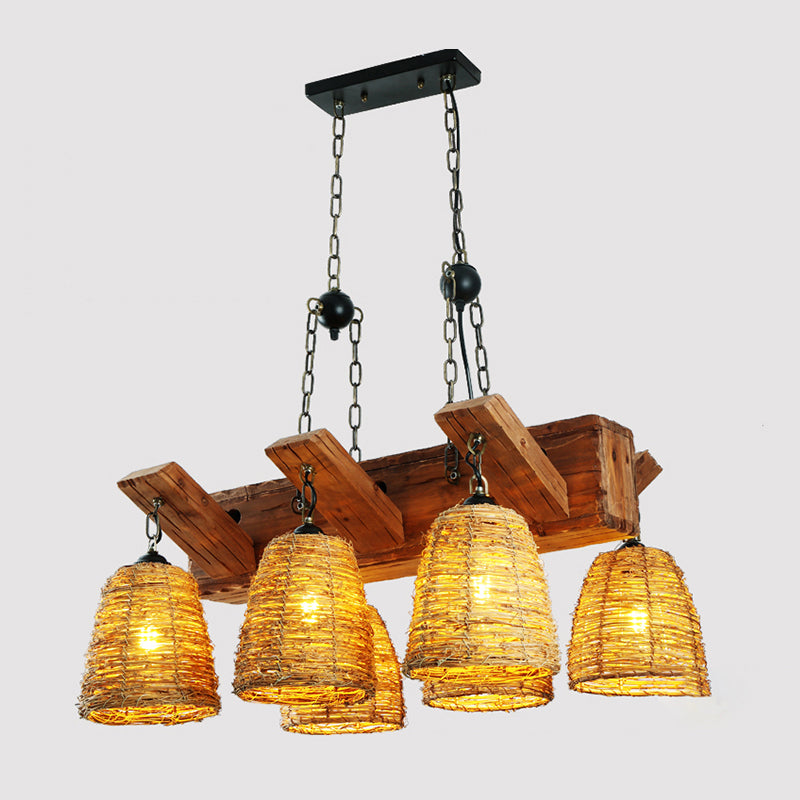 Rattan Wood Pendant Chandelier Bell Shade Industrial Hanging Light Fixture for Dining Room Clearhalo 'Carpenter Chandeliers' 'Ceiling Lights' 'Chandeliers' 'Industrial Chandeliers' 'Industrial' 'Middle Century Chandeliers' 'Modern' 'Tiffany' Lighting' 2011395