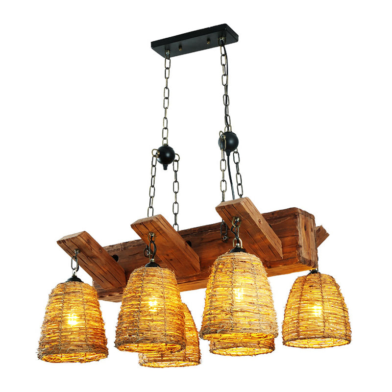 Rattan Wood Pendant Chandelier Bell Shade Industrial Hanging Light Fixture for Dining Room Clearhalo 'Carpenter Chandeliers' 'Ceiling Lights' 'Chandeliers' 'Industrial Chandeliers' 'Industrial' 'Middle Century Chandeliers' 'Modern' 'Tiffany' Lighting' 2011398