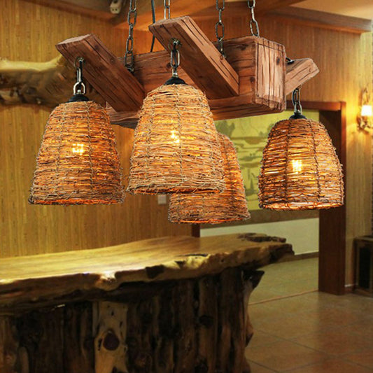 Rattan Wood Pendant Chandelier Bell Shade Industrial Hanging Light Fixture for Dining Room 4 Wood Clearhalo 'Carpenter Chandeliers' 'Ceiling Lights' 'Chandeliers' 'Industrial Chandeliers' 'Industrial' 'Middle Century Chandeliers' 'Modern' 'Tiffany' Lighting' 2011399