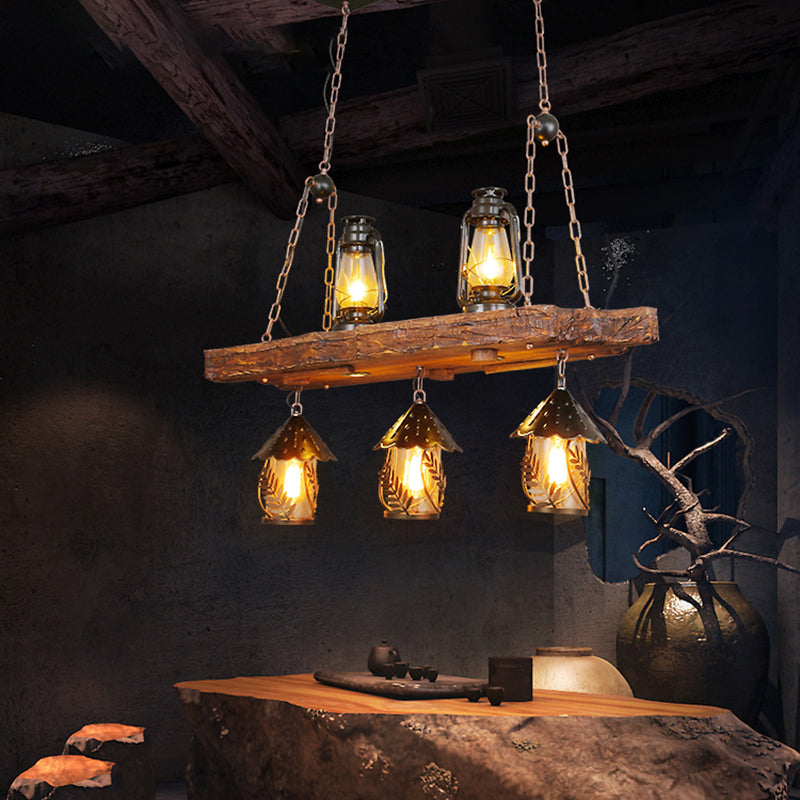 Metallic Chandelier Lighting Factory Wood Lantern Restaurant Suspension Lamp with Leaf Pattern Wood E Clearhalo 'Ceiling Lights' 'Chandeliers' 'Modern Chandeliers' 'Modern' Lighting' 2011400