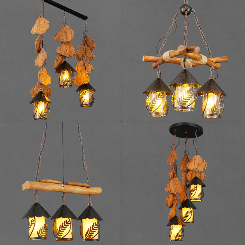 Nautical Lantern Ceiling Chandelier Clear Glass Pendant Light Kit with Leaf Pattern in Wood Clearhalo 'Cast Iron' 'Ceiling Lights' 'Chandeliers' 'Industrial Chandeliers' 'Industrial' 'Metal' 'Middle Century Chandeliers' 'Rustic Chandeliers' 'Tiffany' Lighting' 2011411