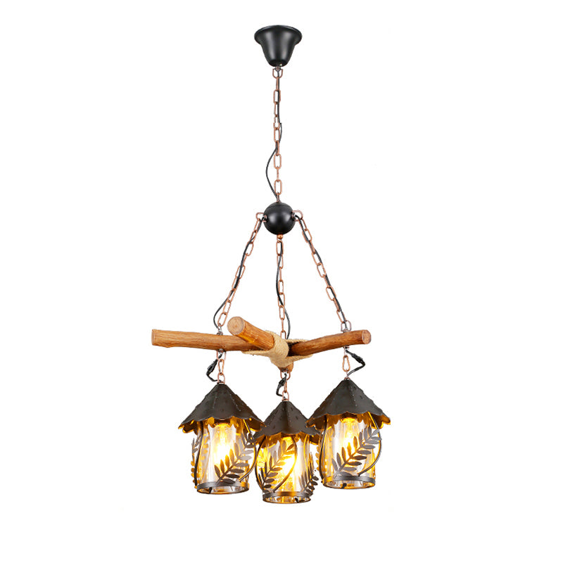 Nautical Lantern Ceiling Chandelier Clear Glass Pendant Light Kit with Leaf Pattern in Wood Clearhalo 'Cast Iron' 'Ceiling Lights' 'Chandeliers' 'Industrial Chandeliers' 'Industrial' 'Metal' 'Middle Century Chandeliers' 'Rustic Chandeliers' 'Tiffany' Lighting' 2011412