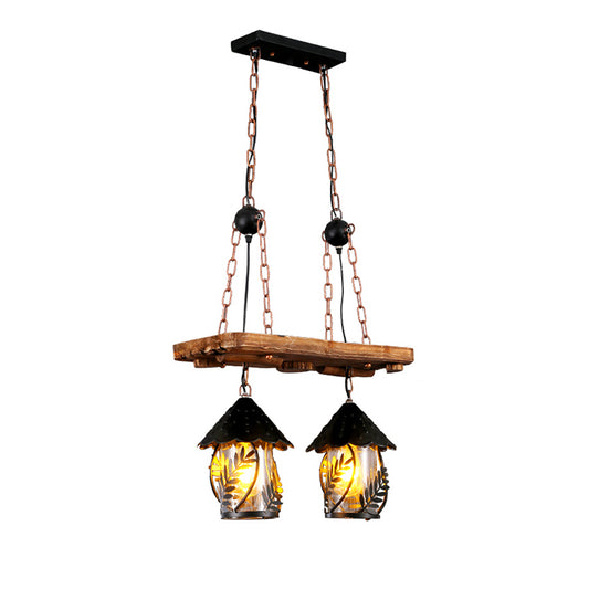 Nautical Lantern Ceiling Chandelier Clear Glass Pendant Light Kit with Leaf Pattern in Wood Wood A Clearhalo 'Cast Iron' 'Ceiling Lights' 'Chandeliers' 'Industrial Chandeliers' 'Industrial' 'Metal' 'Middle Century Chandeliers' 'Rustic Chandeliers' 'Tiffany' Lighting' 2011414