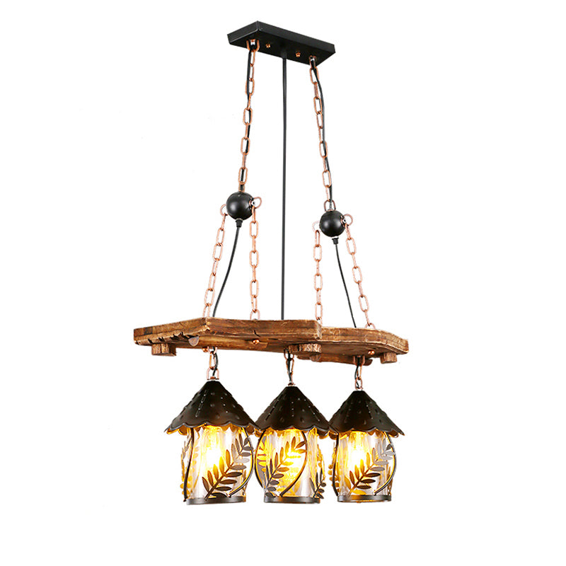 Nautical Lantern Ceiling Chandelier Clear Glass Pendant Light Kit with Leaf Pattern in Wood Wood B Clearhalo 'Cast Iron' 'Ceiling Lights' 'Chandeliers' 'Industrial Chandeliers' 'Industrial' 'Metal' 'Middle Century Chandeliers' 'Rustic Chandeliers' 'Tiffany' Lighting' 2011415