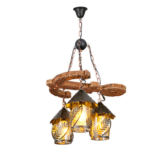 Nautical Lantern Ceiling Chandelier Clear Glass Pendant Light Kit with Leaf Pattern in Wood Wood C Clearhalo 'Cast Iron' 'Ceiling Lights' 'Chandeliers' 'Industrial Chandeliers' 'Industrial' 'Metal' 'Middle Century Chandeliers' 'Rustic Chandeliers' 'Tiffany' Lighting' 2011416