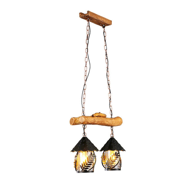 Nautical Lantern Ceiling Chandelier Clear Glass Pendant Light Kit with Leaf Pattern in Wood Wood D Clearhalo 'Cast Iron' 'Ceiling Lights' 'Chandeliers' 'Industrial Chandeliers' 'Industrial' 'Metal' 'Middle Century Chandeliers' 'Rustic Chandeliers' 'Tiffany' Lighting' 2011417