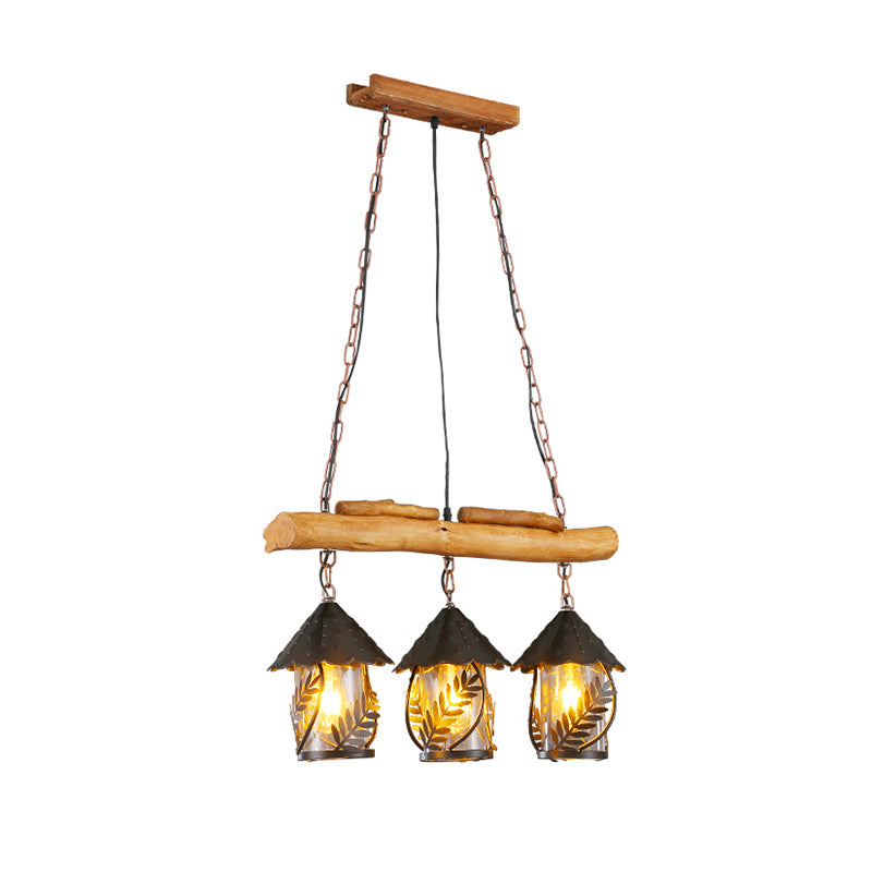 Nautical Lantern Ceiling Chandelier Clear Glass Pendant Light Kit with Leaf Pattern in Wood Wood E Clearhalo 'Cast Iron' 'Ceiling Lights' 'Chandeliers' 'Industrial Chandeliers' 'Industrial' 'Metal' 'Middle Century Chandeliers' 'Rustic Chandeliers' 'Tiffany' Lighting' 2011418
