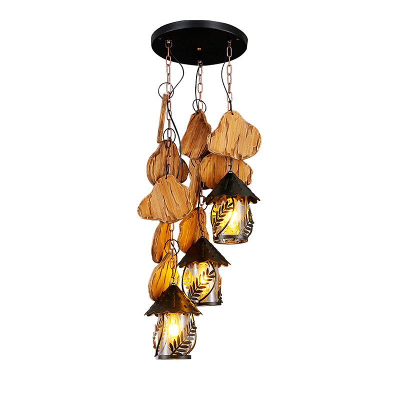 Nautical Lantern Ceiling Chandelier Clear Glass Pendant Light Kit with Leaf Pattern in Wood Wood G Clearhalo 'Cast Iron' 'Ceiling Lights' 'Chandeliers' 'Industrial Chandeliers' 'Industrial' 'Metal' 'Middle Century Chandeliers' 'Rustic Chandeliers' 'Tiffany' Lighting' 2011419