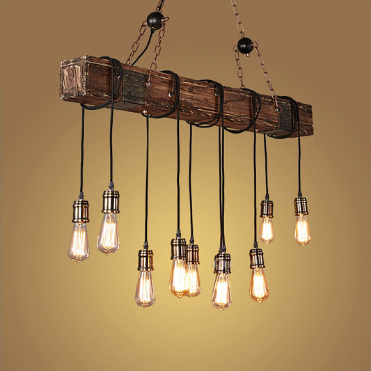 Factory Exposed Bulb Island Light Fixture 10 Heads Metal Pendant Lamp with Wood Beam in Brown Clearhalo 'Ceiling Lights' 'Island Lights' Lighting' 2011421