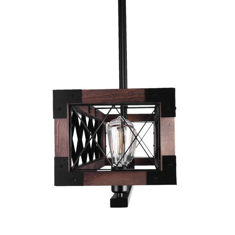 Rectangle Metal Island Lamp Vintage 5-Bulb Dining Room Pendant Lighting Fixture in Black with Wood Frame Clearhalo 'Ceiling Lights' 'Island Lights' Lighting' 2011432