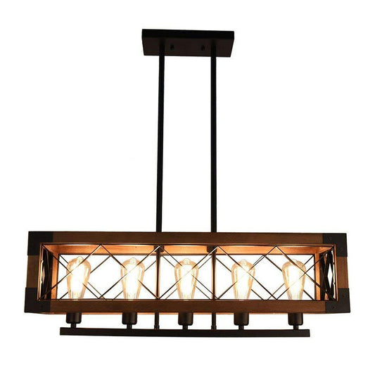 Rectangle Metal Island Lamp Vintage 5-Bulb Dining Room Pendant Lighting Fixture in Black with Wood Frame Clearhalo 'Ceiling Lights' 'Island Lights' Lighting' 2011433