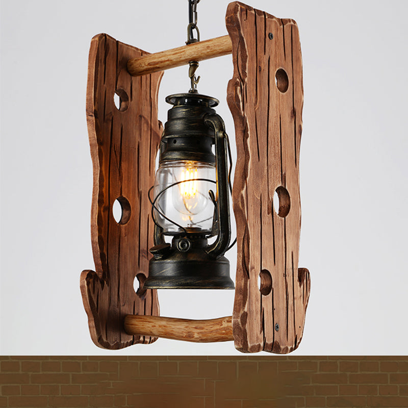 Kerosene Restaurant Pendant Lamp Vintage Clear Glass 1 Head Black Hanging Ceiling Light with Wood Frame Clearhalo 'Ceiling Lights' 'Industrial Pendants' 'Industrial' 'Middle Century Pendants' 'Pendant Lights' 'Pendants' 'Tiffany' Lighting' 2011458