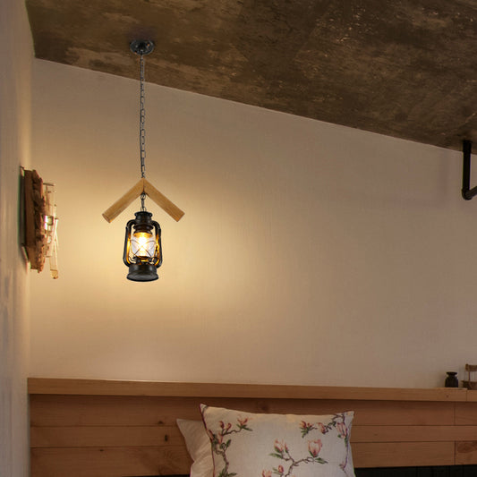 Kerosene Restaurant Pendant Lamp Vintage Clear Glass 1 Head Black Hanging Ceiling Light with Wood Frame Black A Clearhalo 'Ceiling Lights' 'Industrial Pendants' 'Industrial' 'Middle Century Pendants' 'Pendant Lights' 'Pendants' 'Tiffany' Lighting' 2011459