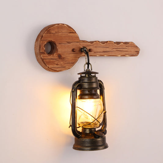 1 Bulb Kerosene Wall Mount Lamp Industrial Brown Clear Glass Wall Light Fixture with Wood Backplate Brown A Clearhalo 'Art deco wall lights' 'Cast Iron' 'Glass' 'Industrial wall lights' 'Industrial' 'Middle century wall lights' 'Modern' 'Rustic wall lights' 'Tiffany' 'Traditional wall lights' 'Wall Lamps & Sconces' 'Wall Lights' Lighting' 2011479