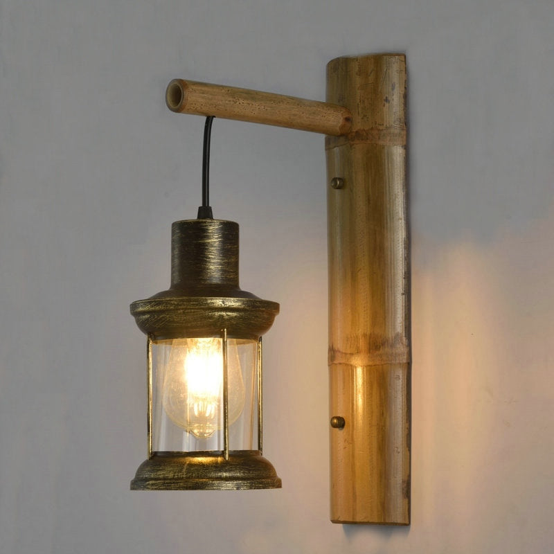 1-Head Wall Light Sconce Coastal Lantern Clear Glass Wall Mount Lighting with Bamboo Backplate Clearhalo 'Art deco wall lights' 'Cast Iron' 'Glass' 'Industrial wall lights' 'Industrial' 'Middle century wall lights' 'Modern' 'Rustic wall lights' 'Tiffany' 'Traditional wall lights' 'Wall Lamps & Sconces' 'Wall Lights' Lighting' 2011508