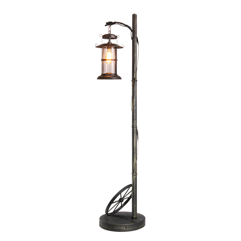 1 Head Standing Lighting Warehouse Lantern Shade Clear Glass Floor Lamp in Brass for Living Room Clearhalo 'Floor Lamps' 'Lamps' Lighting' 2011544