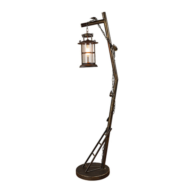 1 Head Standing Lighting Warehouse Lantern Shade Clear Glass Floor Lamp in Brass for Living Room Clearhalo 'Floor Lamps' 'Lamps' Lighting' 2011546