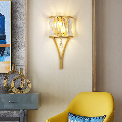 1 Bulb Clear Crystal Wall Lamp Rustic Curved Wave Bedroom Wall Mounted Lighting with Metal Frame Gold Clearhalo 'Wall Lamps & Sconces' 'Wall Lights' Lighting' 2011981